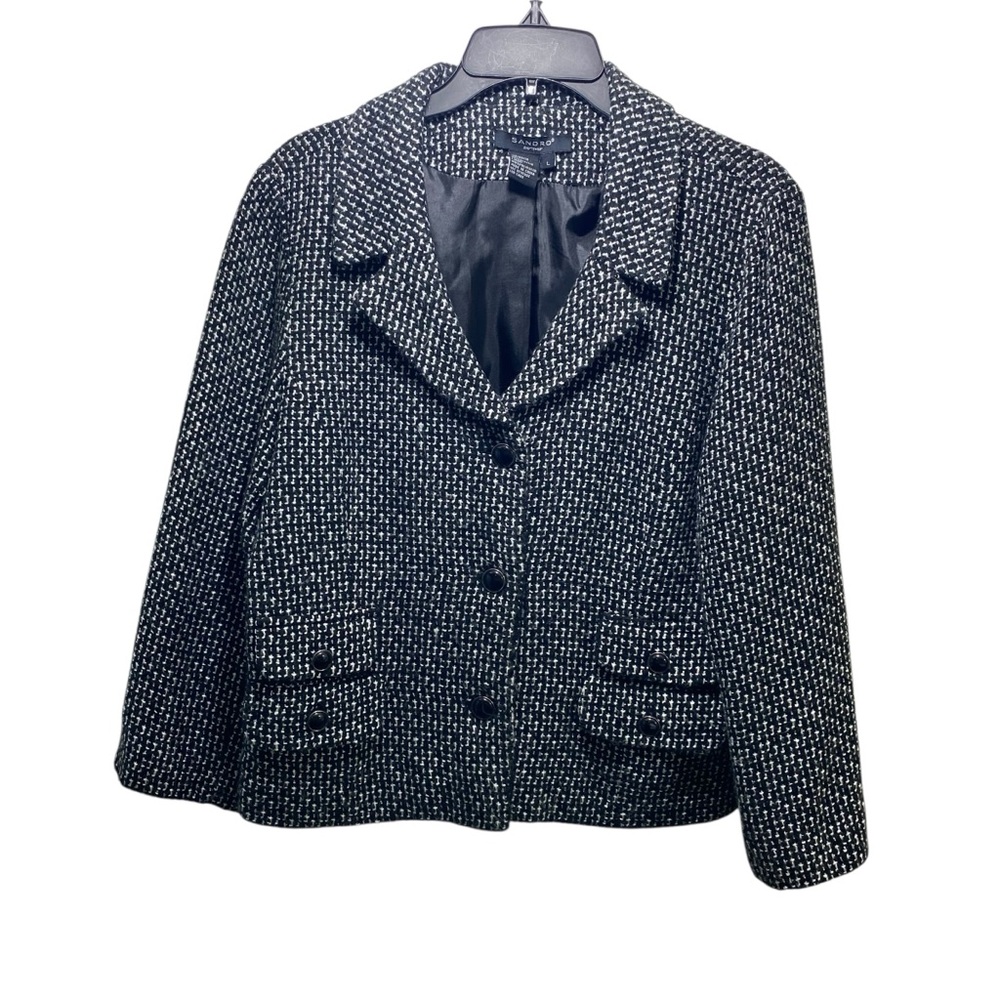 Sandro Old Money Tweed Blazer Jacket‎ 3 Button Preppy Black White Houndstooth L